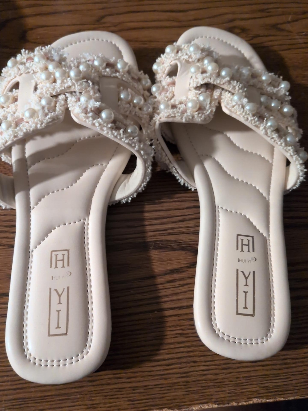 Pearl-Embellished Cream Slide Sandals for Women
